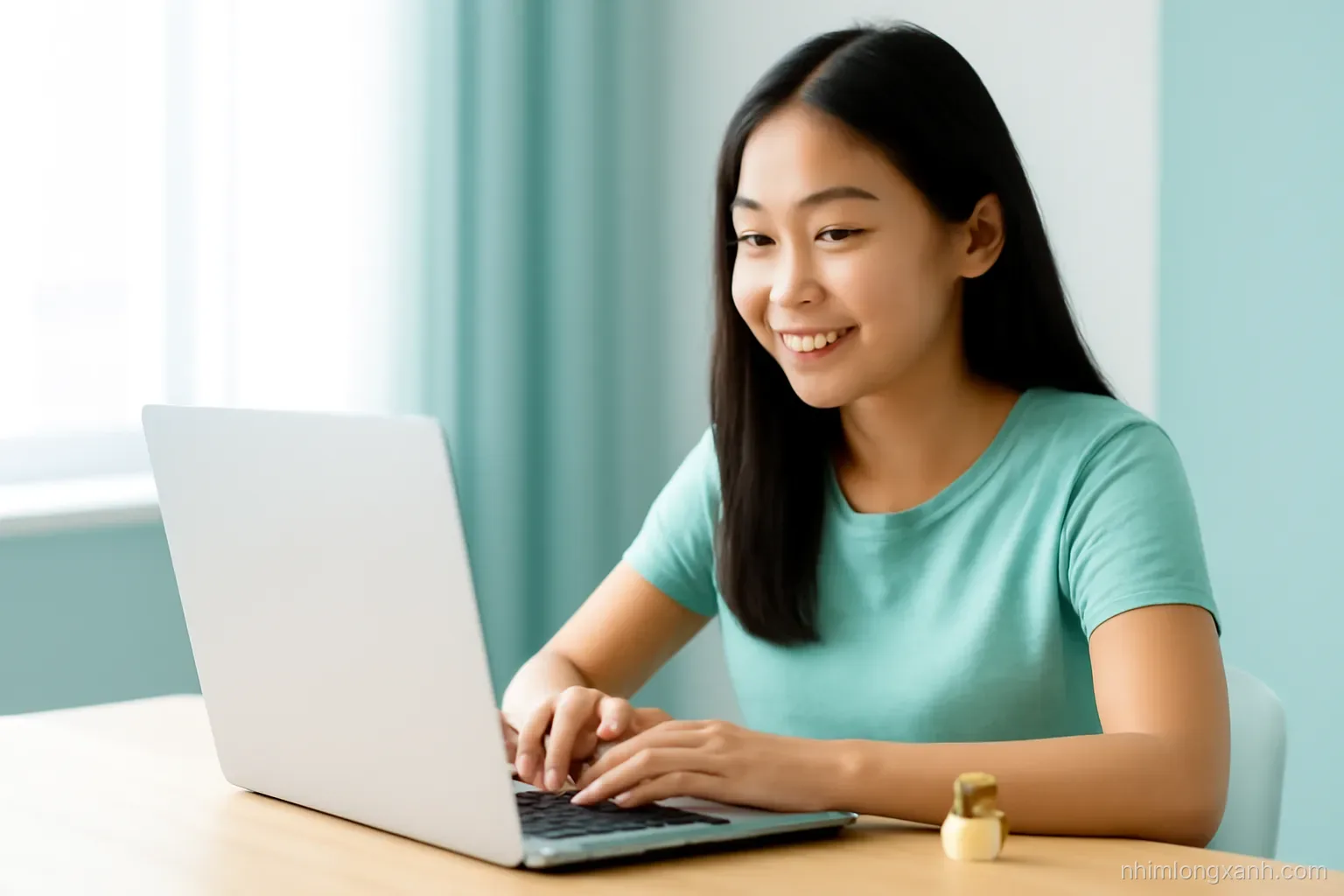 Close-up of Vietnamese hands pressing a teal wax seal onto a plain white envelope beside a laptop with a blank glowing screen on a bright wooden desk, soft morning light, teal and white tones