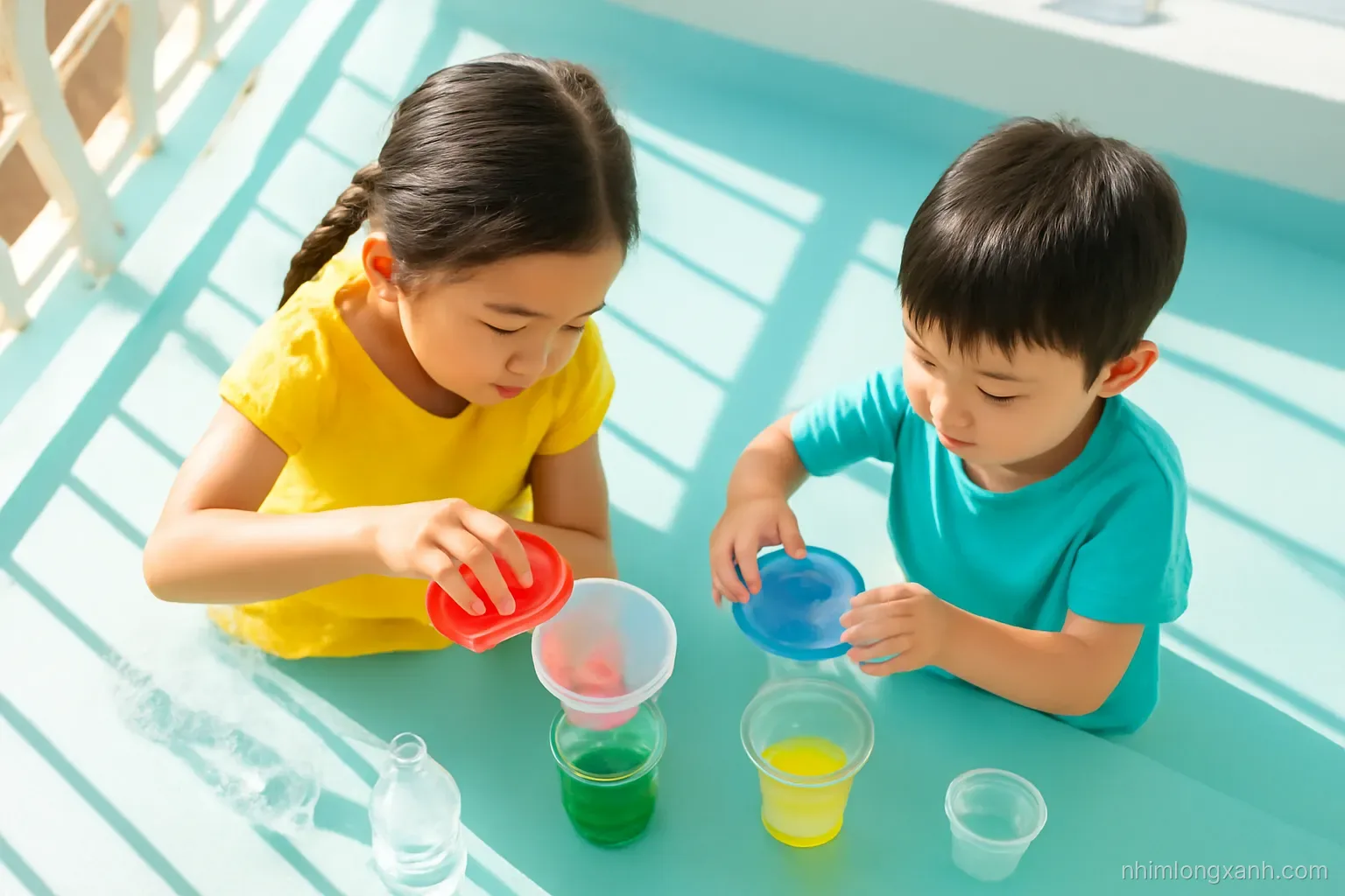 Top-down view of two Vietnamese preschoolers on a sunny balcony floor pouring colored water between clear cups and funnels, recycled bottles around, bright turquoise and yellow tones