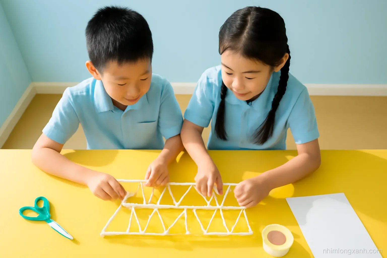 Top-down view of two Vietnamese primary school kids building a paper straw bridge on a classroom table, tape, scissors, coins as weights, bright natural light, sunny yellow and sky blue
