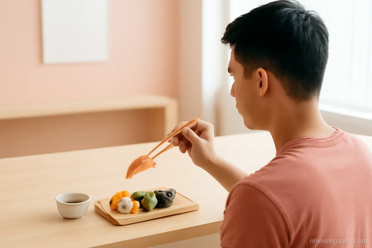 Over-the-shoulder view of a young Vietnamese man picking up a piece of salmon nigiri with chopsticks at a light wooden sushi counter, clean minimalist room, soft daylight, coral and pale wood tones