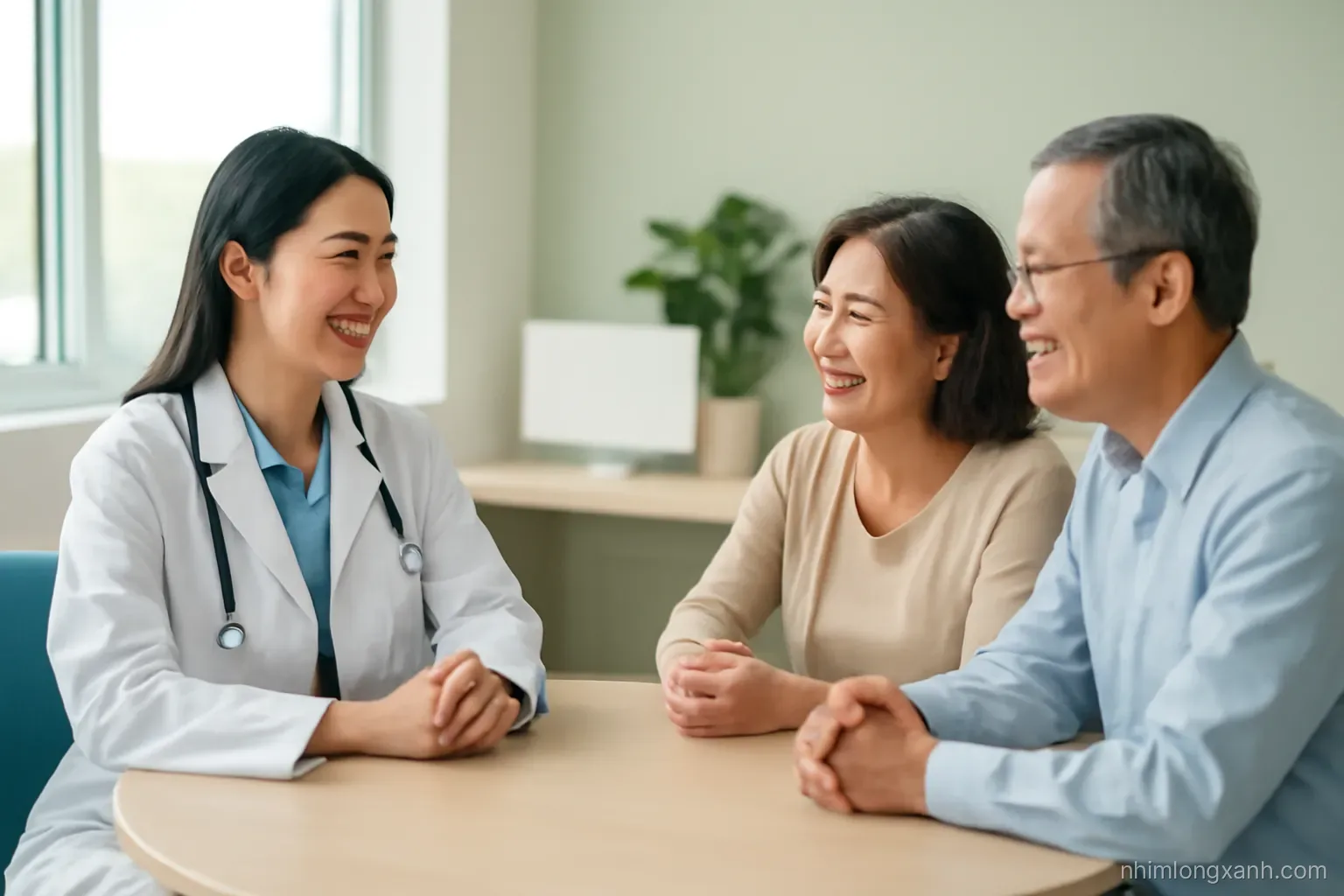 Medium shot of a Vietnamese female doctor in a white coat talking warmly with a middle-aged couple across a round desk in a bright consultation room, large window, sage green and sand tones