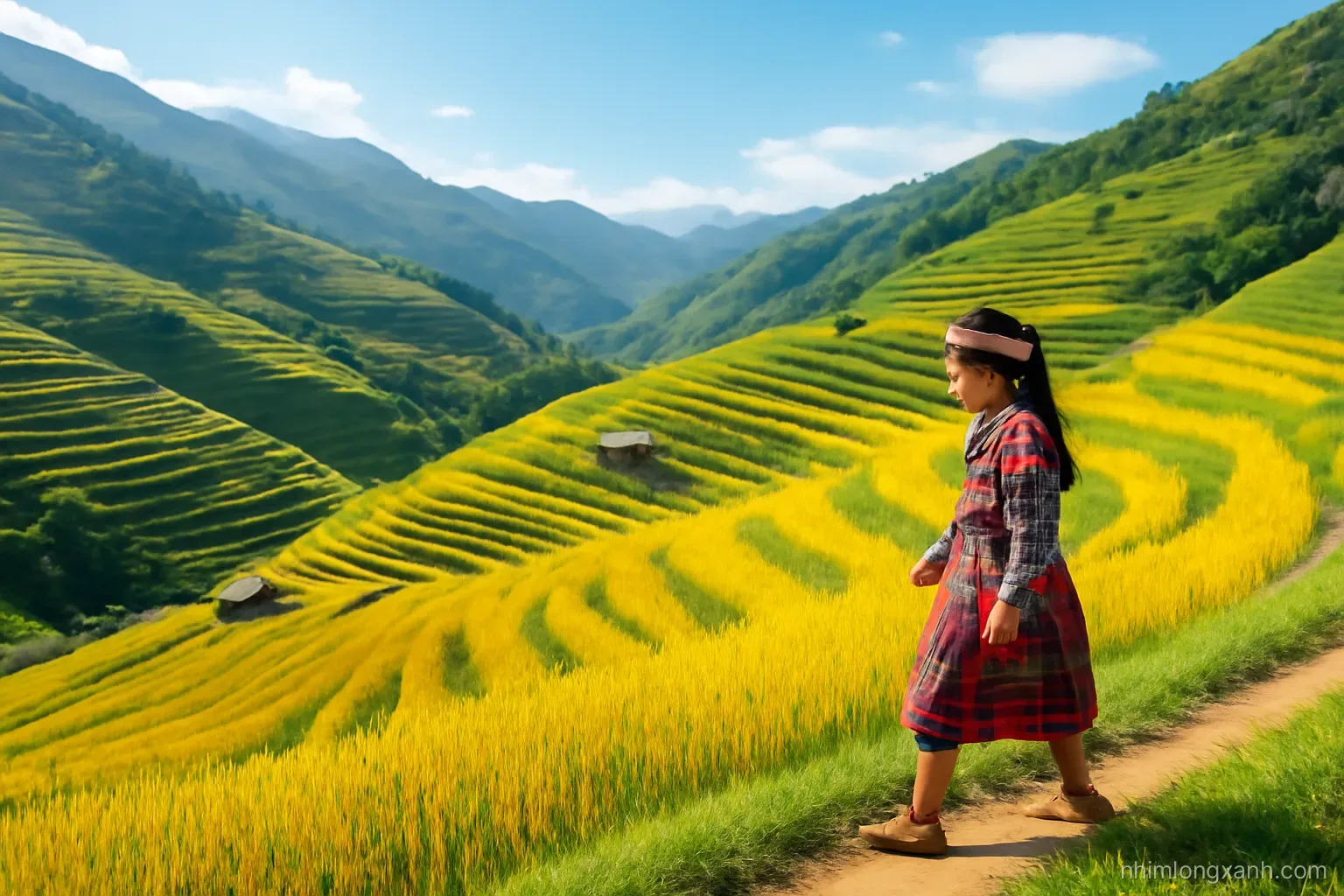 Wide shot of golden terraced rice fields curving down a steep mountain valley in early autumn, small wooden houses, a Vietnamese H'Mong girl walking along the edge, crisp blue sky