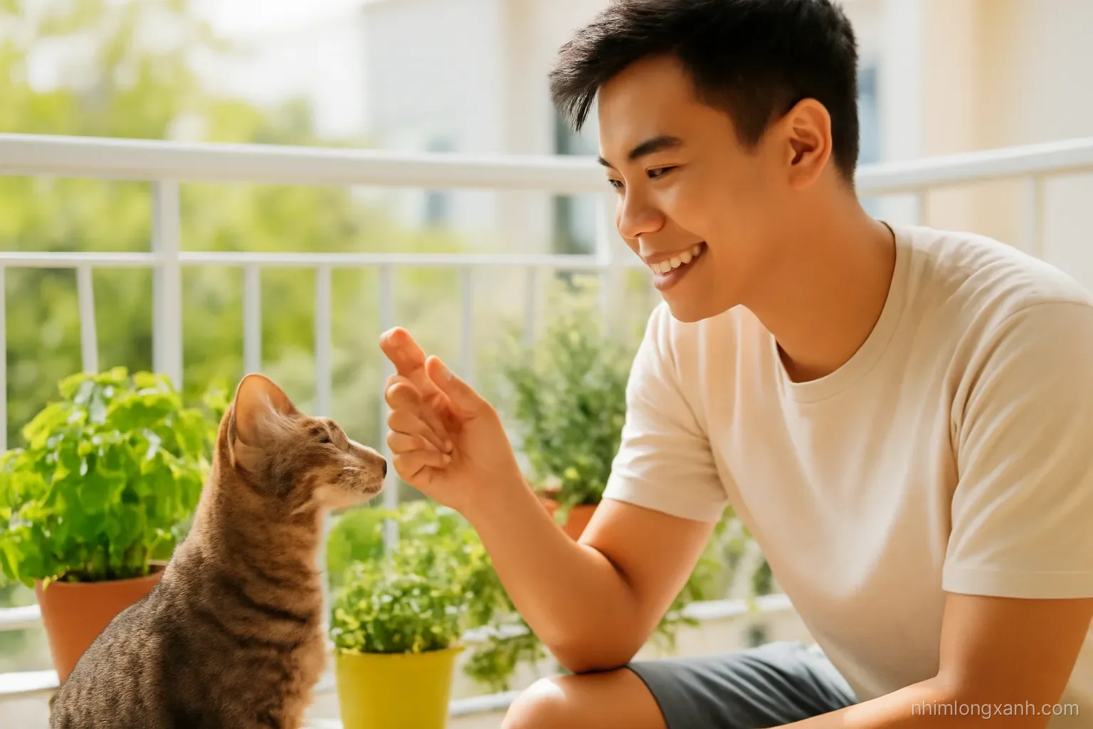 Medium shot of a young Vietnamese man on a sunny balcony offering a small treat ball to a curious tabby cat, potted herbs around, warm yellow light, shallow depth of field