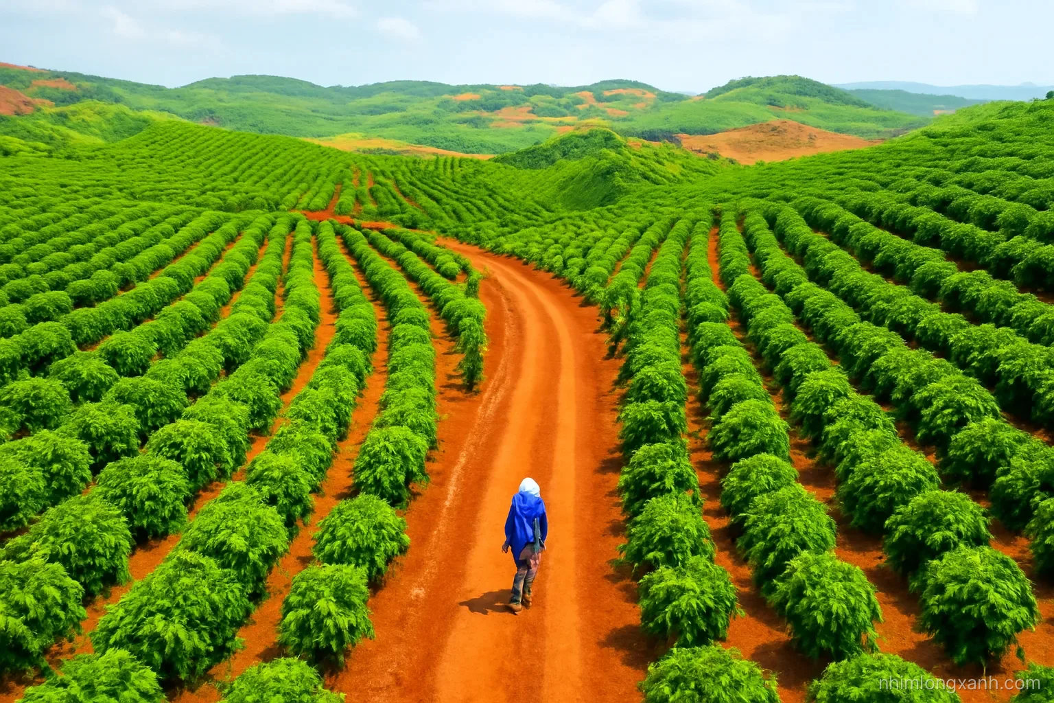 Aerial drone view of red basalt soil coffee farms in neat rows on rolling Central Highlands hills, a Vietnamese farmer on a red dirt path, vivid green and terracotta