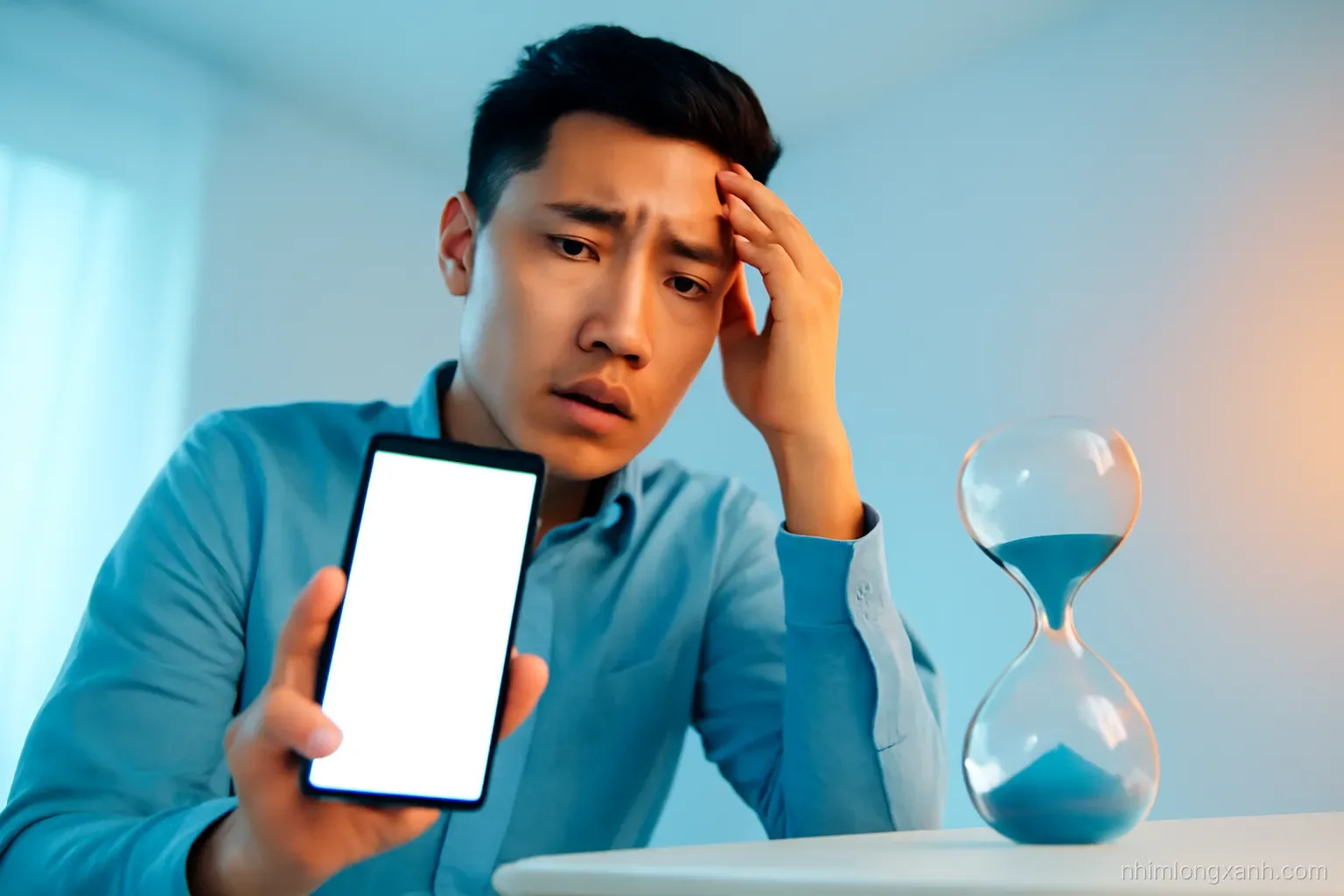 Side profile medium shot of a relaxed Vietnamese man by a sunny window setting a phone reminder, blank glowing screen, small hourglass on the sill, warm orange and sky blue tones