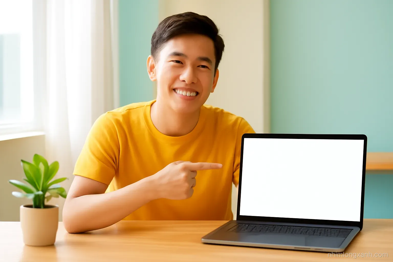 Wide shot of a young Vietnamese man at a sunny wooden desk pointing at a laptop with a blank glowing screen, potted plant, warm yellow and teal tones