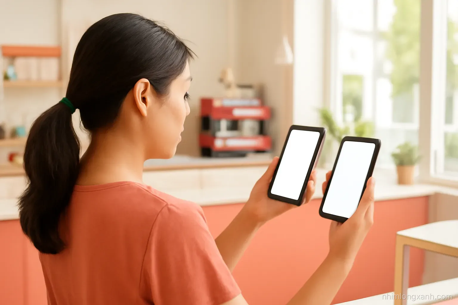 Over-the-shoulder shot of a Vietnamese woman shop owner comparing two smartphones with blank glowing screens at a bright café counter, coral and cream palette