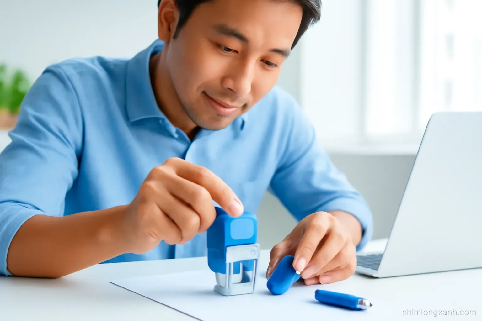 Vietnamese man in his thirties unpacking a small company stamp and a USB token at a bright co-working desk, close-up of hands, soft window light, white and cobalt blue tones