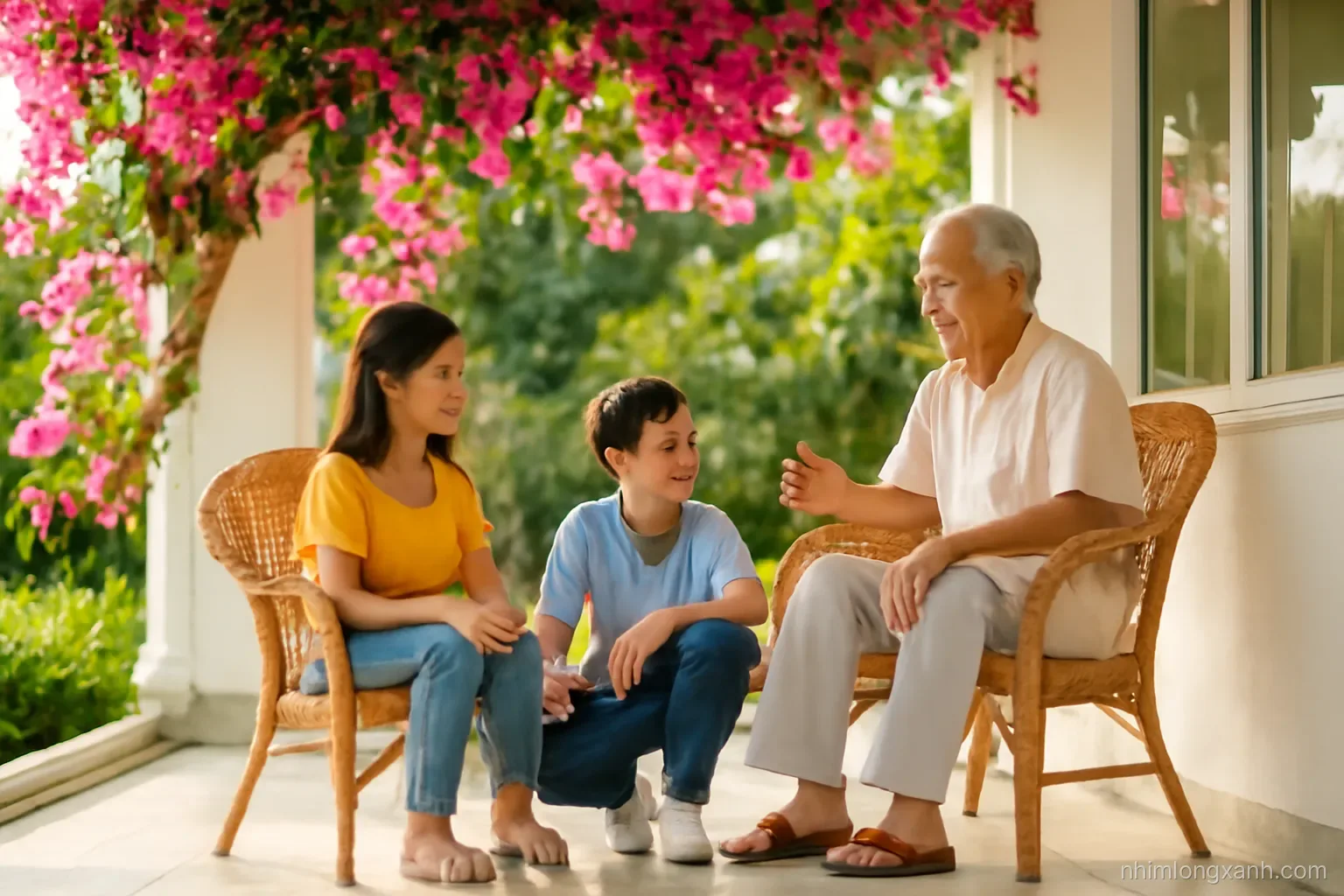 Wide shot of a Vietnamese grandfather chatting warmly with two grandchildren on a tiled veranda under blooming bougainvillea, late afternoon sun, magenta and leafy green palette