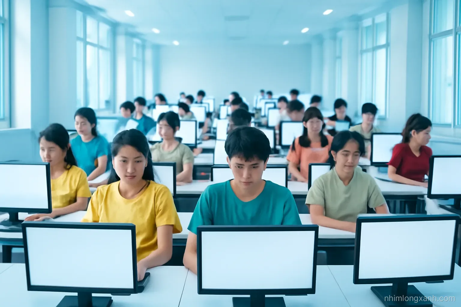 Rows of Vietnamese students in casual clothes concentrating at computers with blank glowing monitors in a modern exam hall, cool blue light, wide symmetrical shot