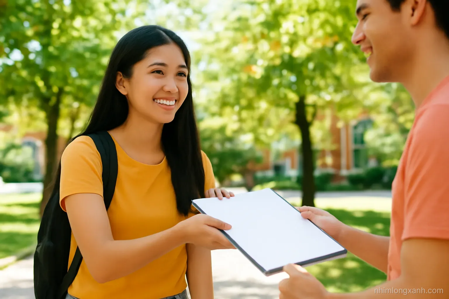 Low angle shot of a Vietnamese university student handing a clipboard survey to a smiling passerby in a sunny leafy campus courtyard, shallow depth of field, fresh green and orange tones