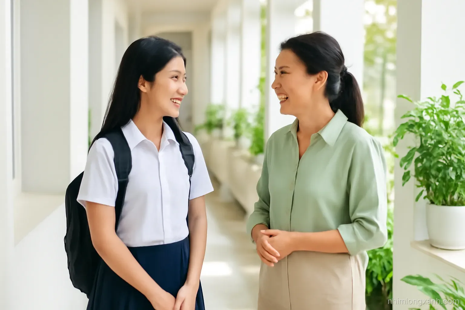 Medium shot of a Vietnamese high school student talking with a smiling middle-aged teacher in a sunny classroom corridor, potted plants, natural light, white and leafy green tones