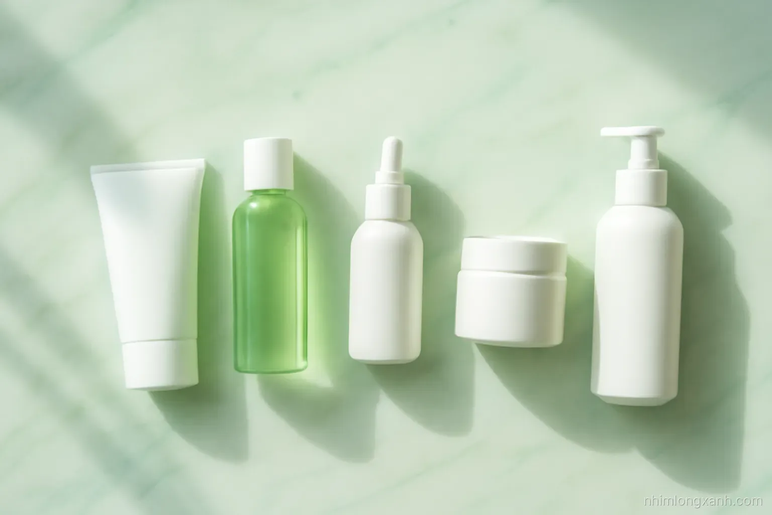 Top-down flat lay of five unbranded plain skincare bottles and jars arranged in a curved line on a pale mint marble counter, soft morning window light, fresh green and white palette