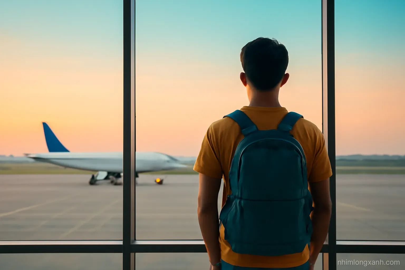 Rear view of a young Vietnamese traveler with a backpack standing at a floor-to-ceiling airport window watching a plane taxi at sunrise, silhouette framing, soft peach and teal sky, calm hopeful mood