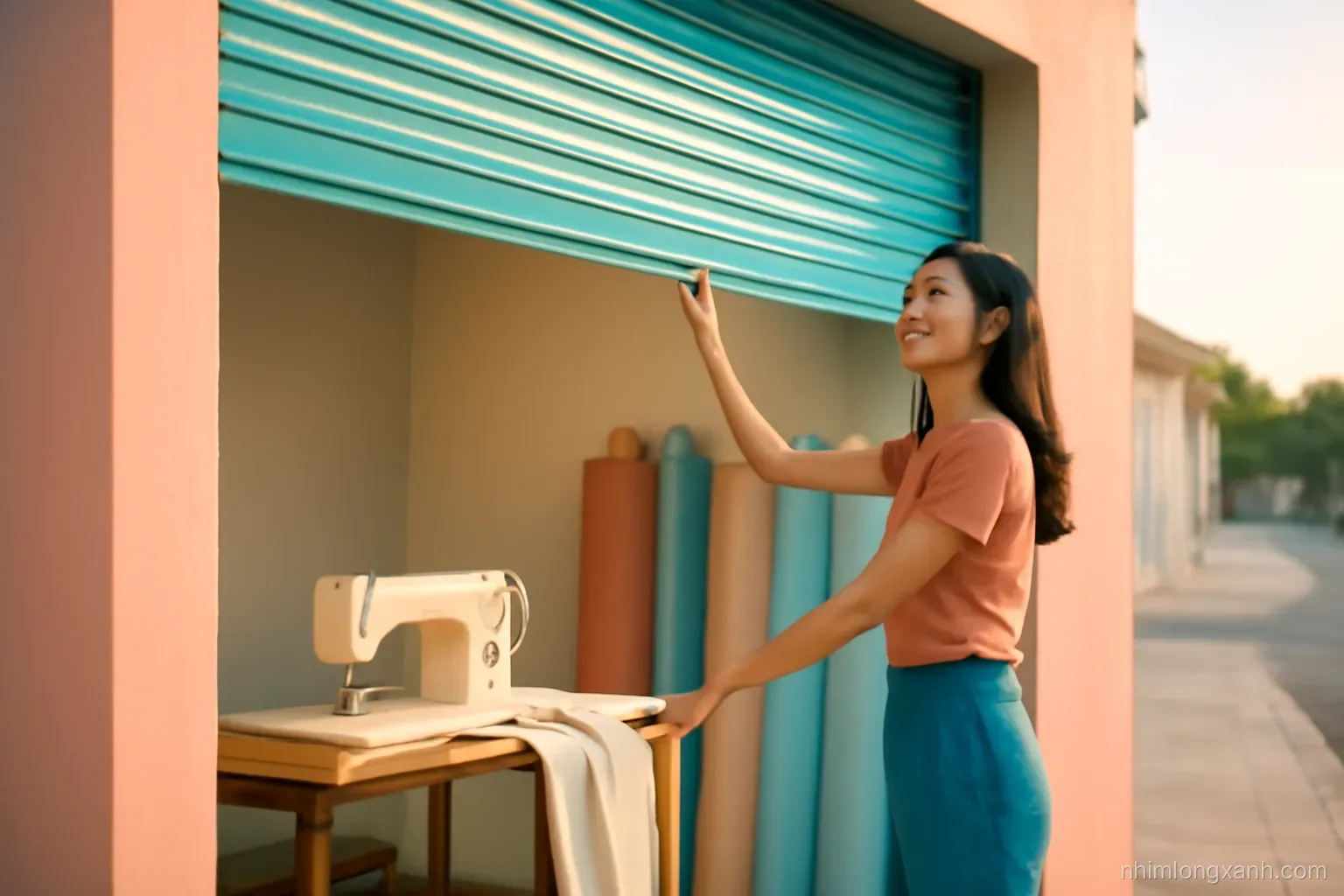 Young Vietnamese woman rolling up the shutter of her small tailoring shop at sunrise, sewing machine and fabric rolls inside, wide shot from the street, warm peach and teal tones
