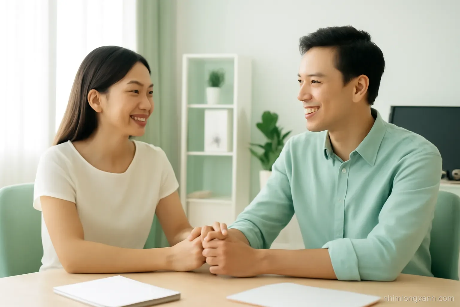 Young Vietnamese couple smiling and holding hands across a light wooden desk in a sunny ward office, view from behind the desk, soft green and white palette