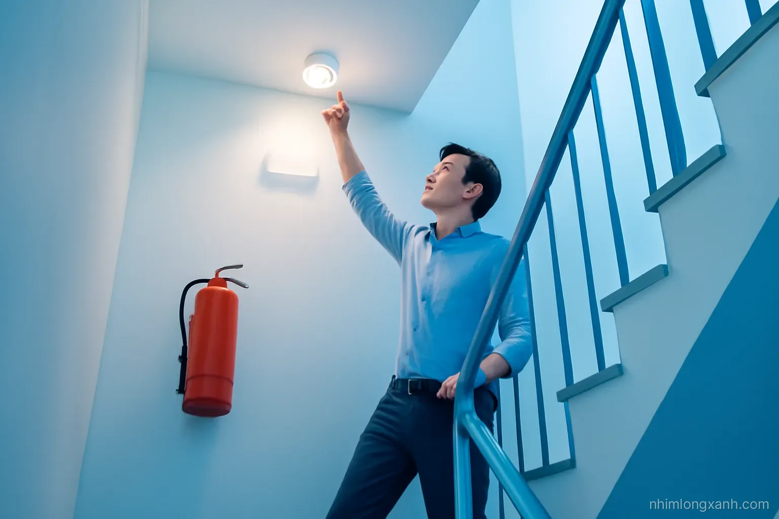 Low angle view of a narrow Vietnamese row-house staircase with red fire extinguisher mounted on wall and glowing emergency lamp, landlord checking smoke detector, cool blue evening light