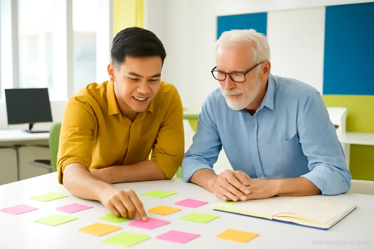 High angle shot of a young Vietnamese man and a friendly senior colleague leaning over a desk covered in colorful blank sticky notes and a notebook, bright open office, lime and cobalt accents