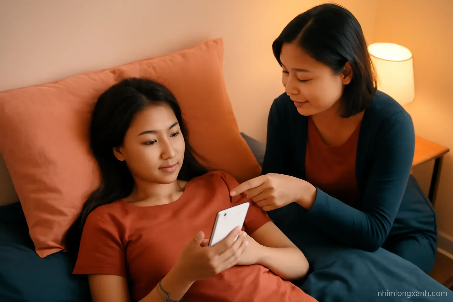 Medium side shot of a Vietnamese mother and teenage son chatting on a sofa, a phone with blank glowing screen between them, warm evening lamp light, peach and deep navy palette