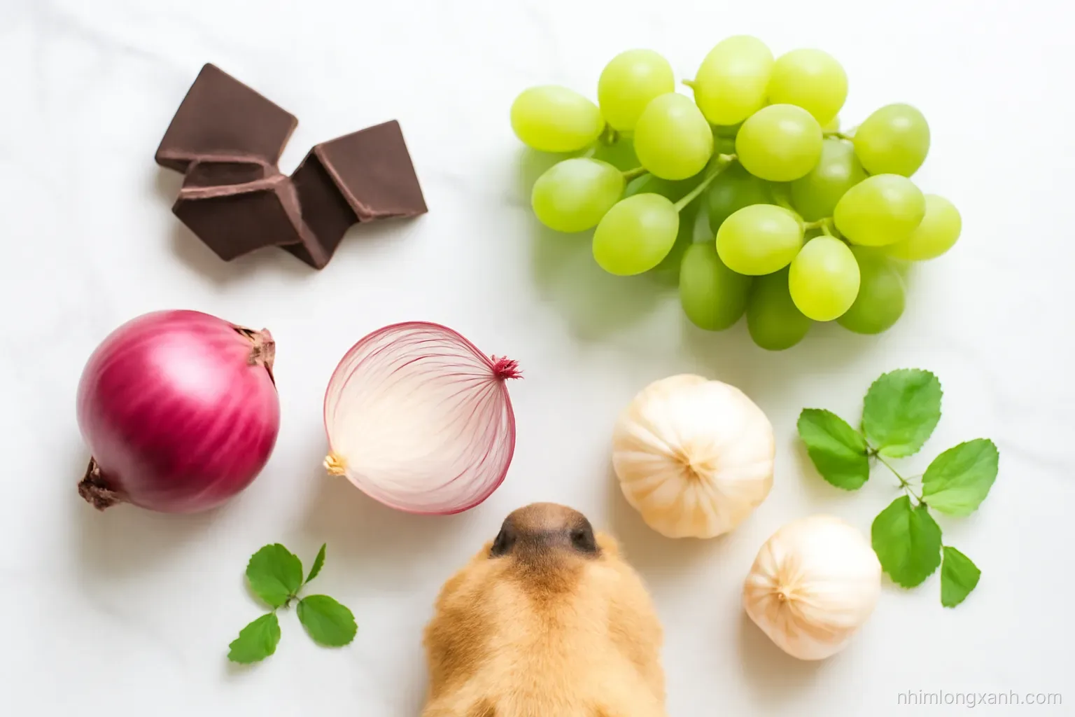 Top-down flat lay on white marble: dark chocolate pieces, green grapes, red onions and garlic bulbs, a golden puppy nose peeking into frame, soft daylight, mint and coral tones