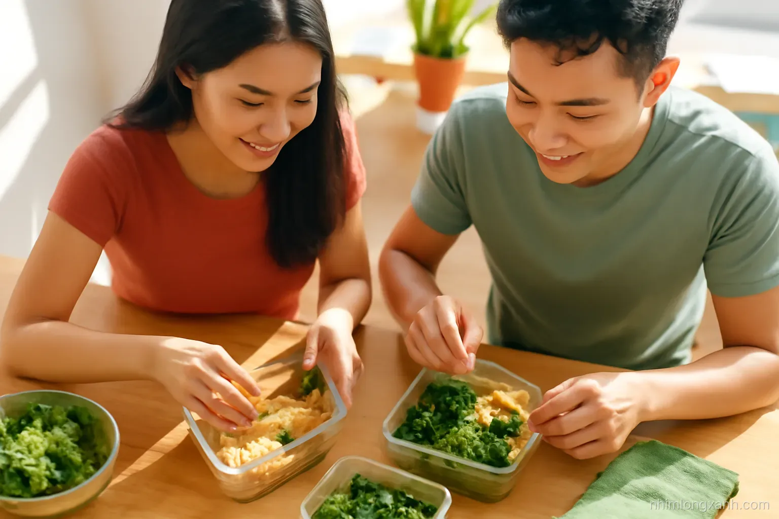 Eye-level medium shot of a young Vietnamese couple at a kitchen island portioning brown rice, tofu and stir-fried greens into glass lunch boxes, late afternoon sun through the window, fresh green and terracotta tones