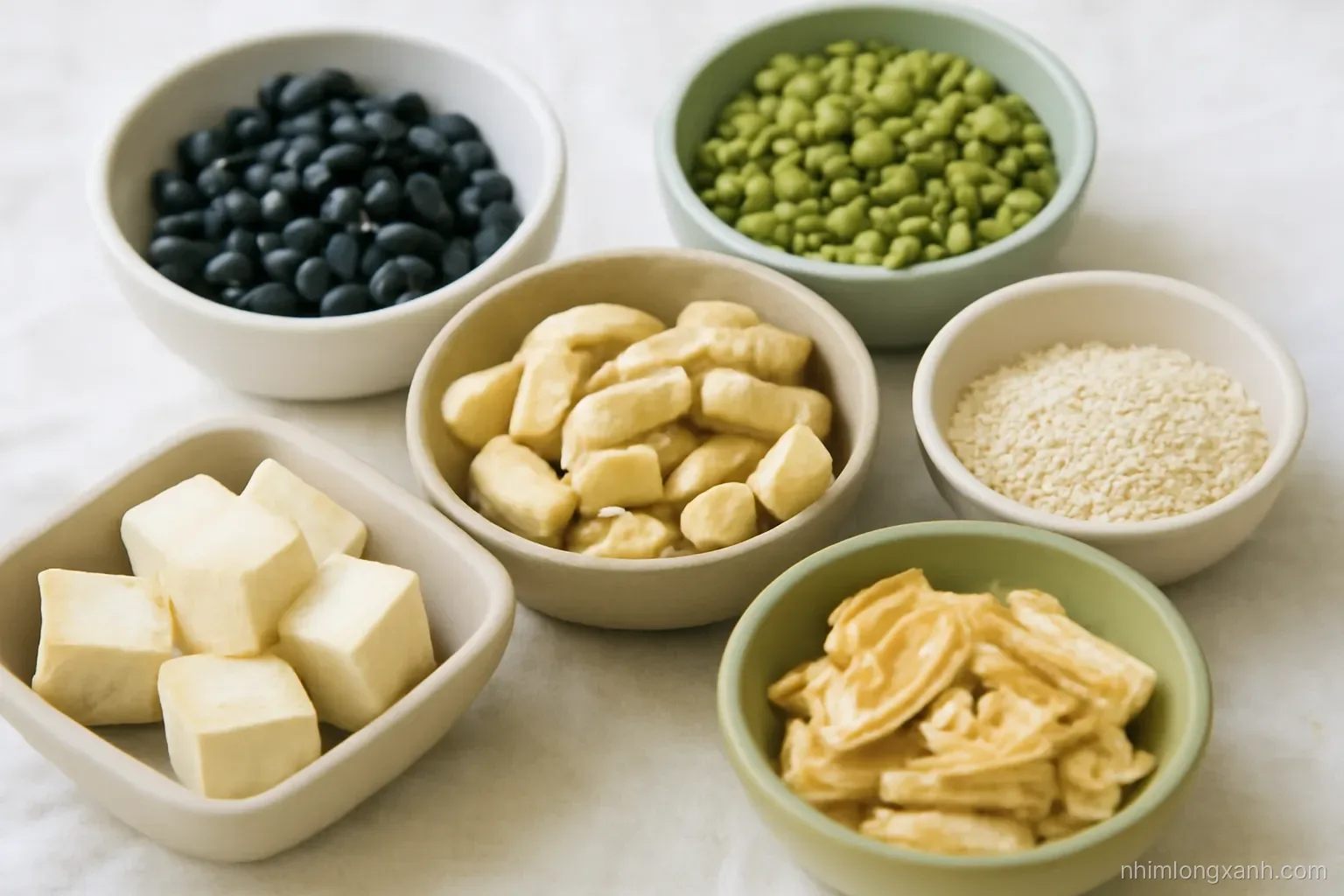 Close-up macro of small ceramic bowls holding black beans, mung beans, cashews, sesame seeds, tofu cubes and dried tofu skin on pale linen, soft side light, beige and green