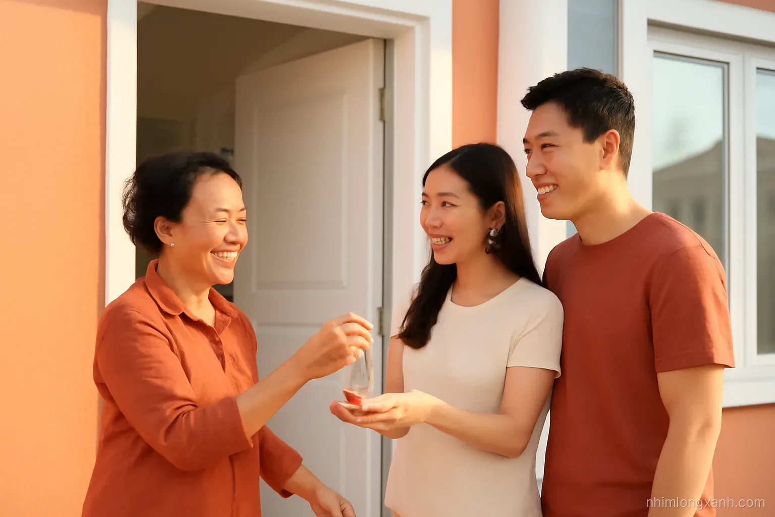 Elderly Vietnamese landlady handing a bunch of keys to a young couple at the doorway of a bright townhouse, eye-level medium shot, late afternoon glow, terracotta and white tones