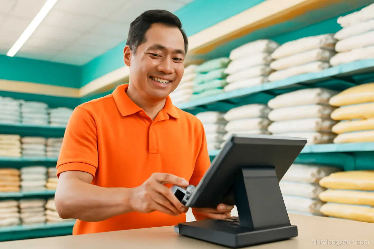 Middle-aged Vietnamese grocery shop owner scanning goods at a compact POS terminal with dark blank display, shelves of rice bags behind, low angle, bright fluorescent light, orange and teal