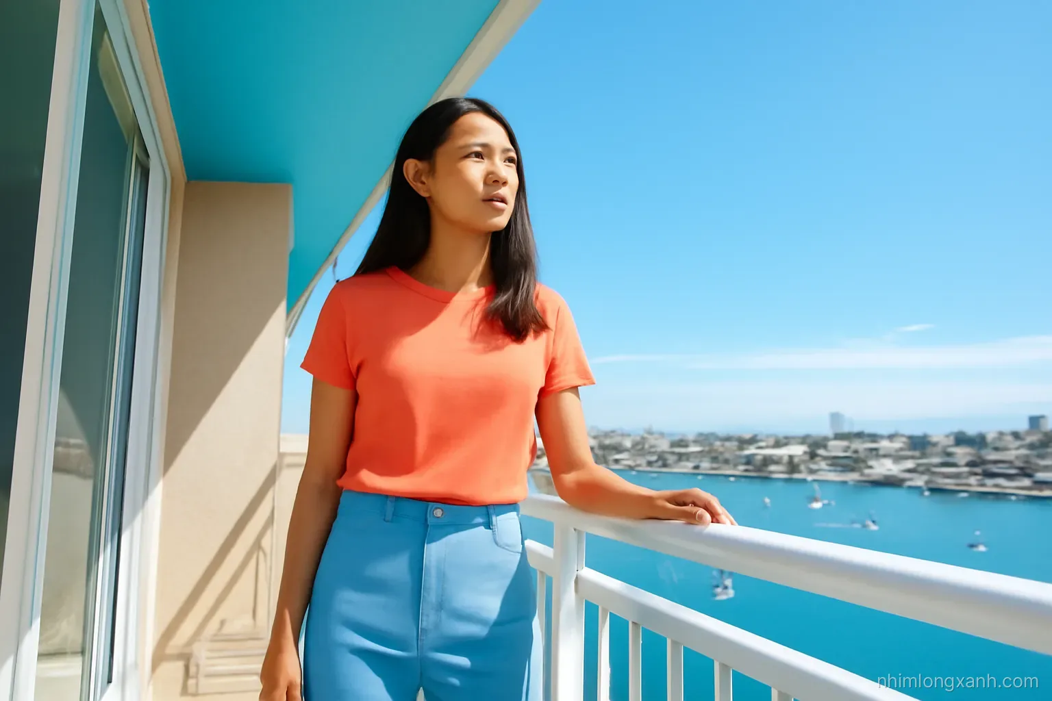 Low angle wide shot of a young Vietnamese woman standing on a sunny balcony of a modern apartment overlooking a foreign city harbor, white railings, bright blue and coral tones
