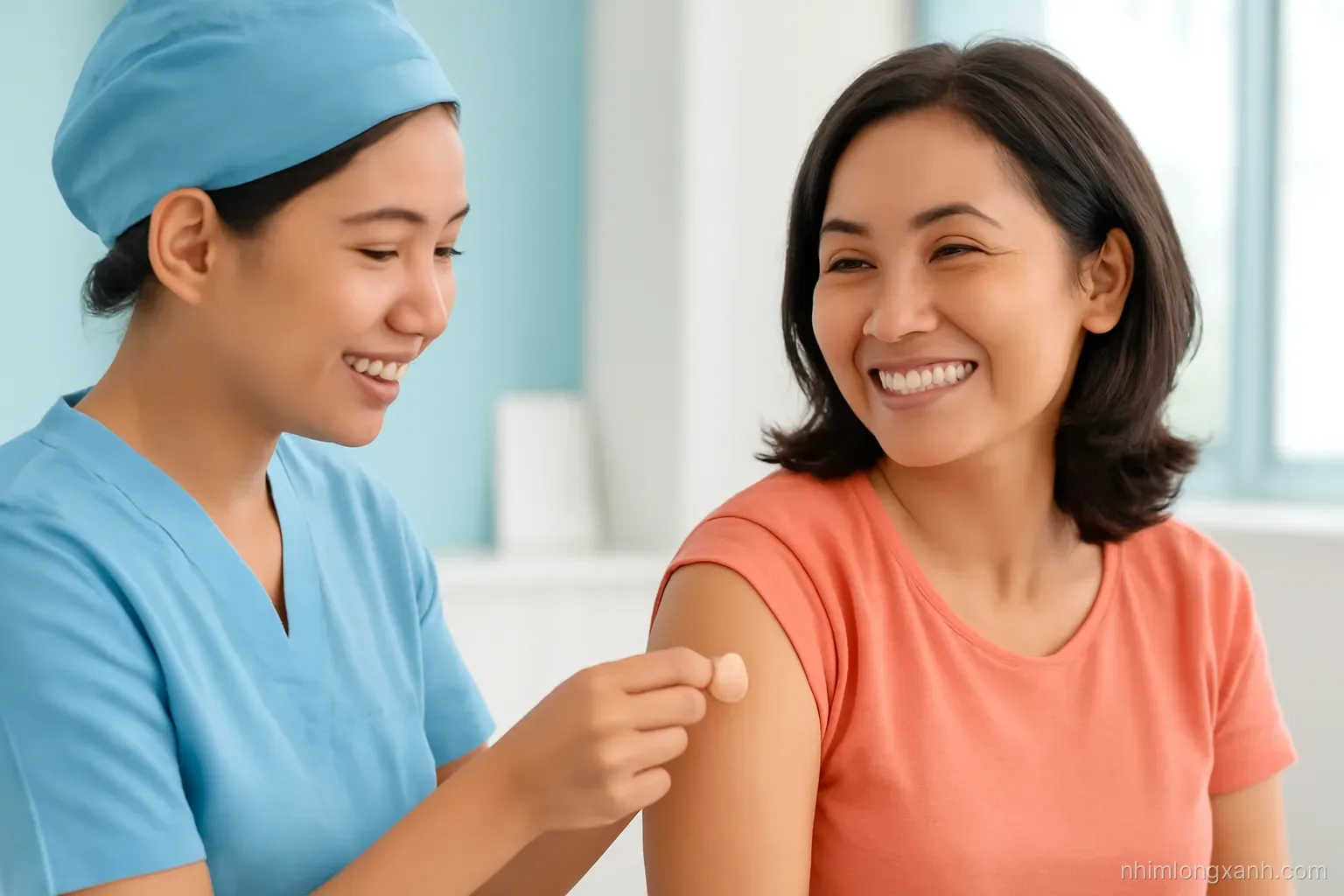 Close-up of a Vietnamese nurse in a pale blue uniform placing a small round bandage on the upper arm of a smiling woman in her forties, bright clinic, peach and sky blue palette