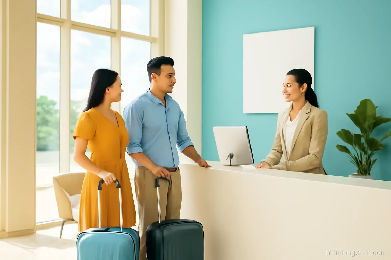 Wide shot of a Vietnamese couple with rolling suitcases chatting with a smiling hotel receptionist in a bright modern lobby, tall windows, warm sand and turquoise palette, natural daylight