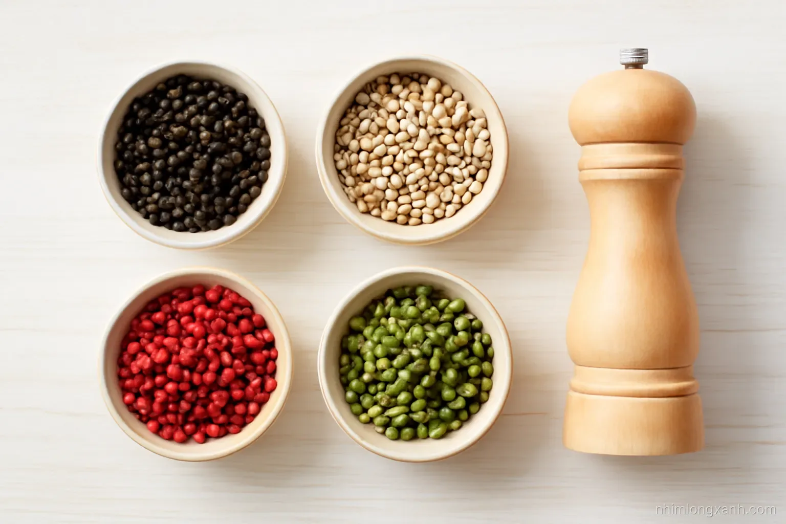 Top-down flat lay of four small ceramic bowls holding black, creamy white, deep red and fresh green peppercorns on a pale wooden board, a pepper mill beside, crisp daylight