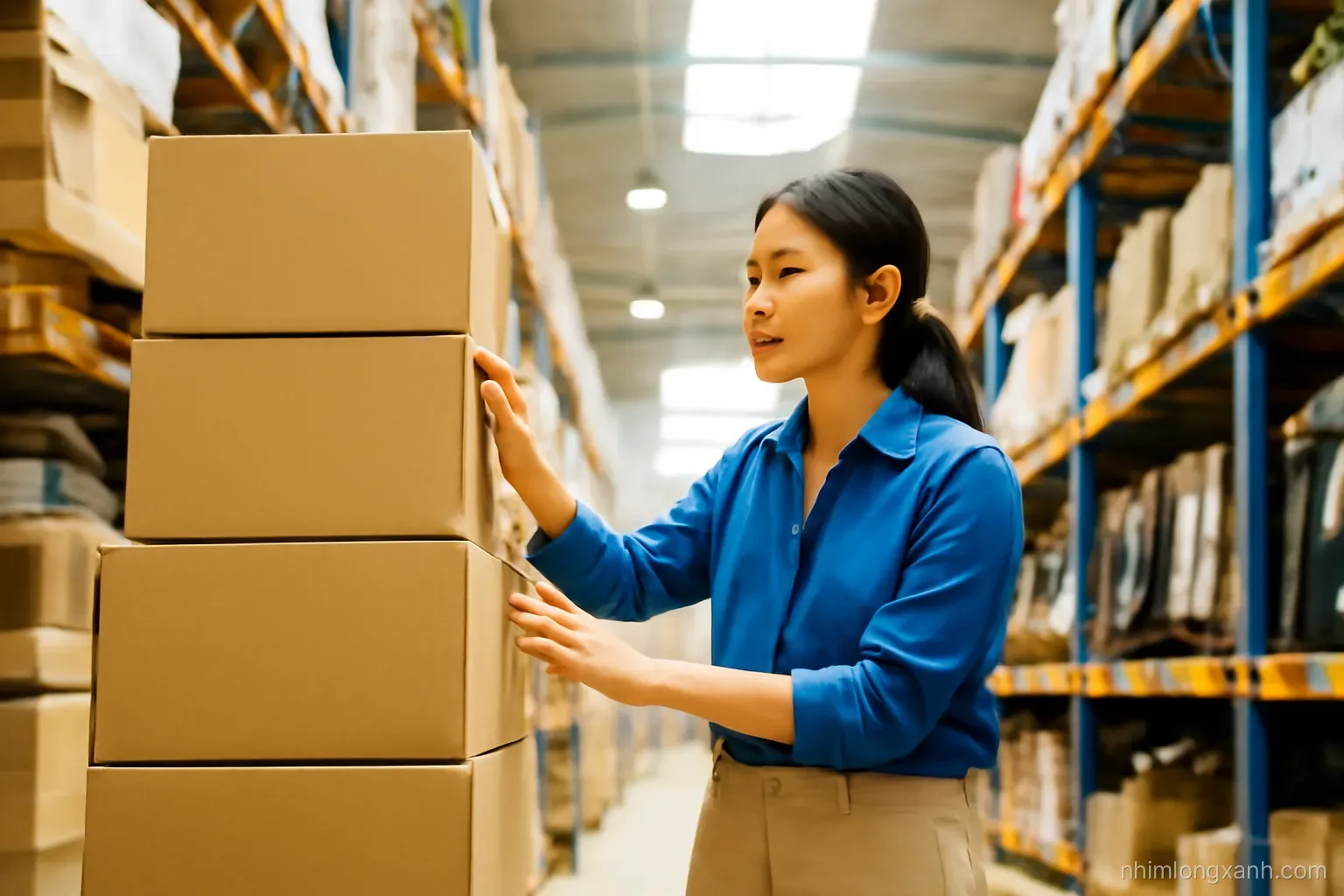 Vietnamese shop owner inspecting stacked plain unprinted cardboard boxes of clothing at a bustling wholesale warehouse aisle, low angle shot, bright overhead light, warm beige and cobalt blue tones
