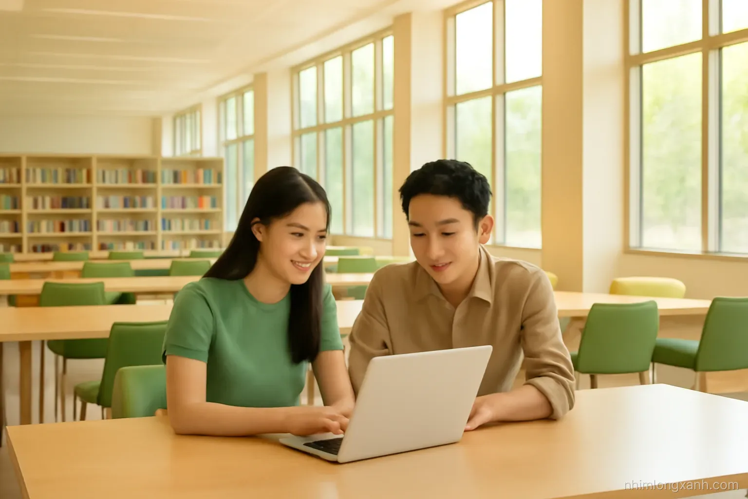Wide shot of a bright modern university library in Vietnam, two students sharing a laptop with blank glowing screen at a long table, tall windows, warm sunlight, beige and green palette
