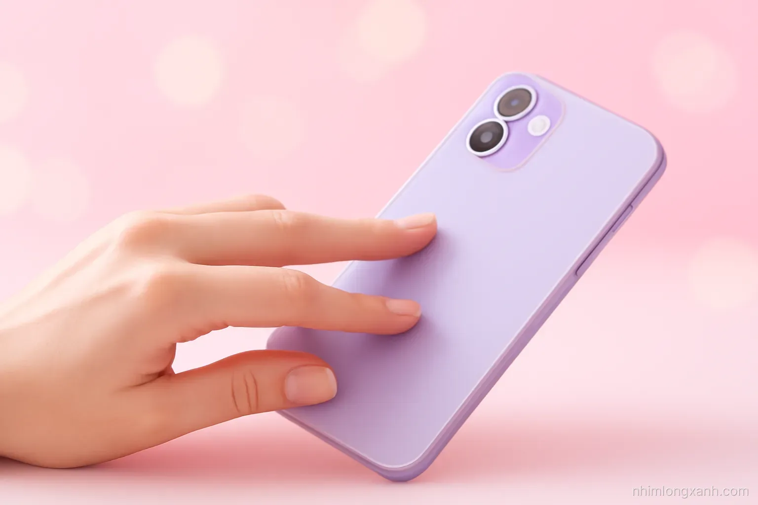 Extreme close-up of a hand tapping twice on the back of a pastel purple smartphone, soft pink gradient background, playful bokeh highlights, clean minimalist product photography