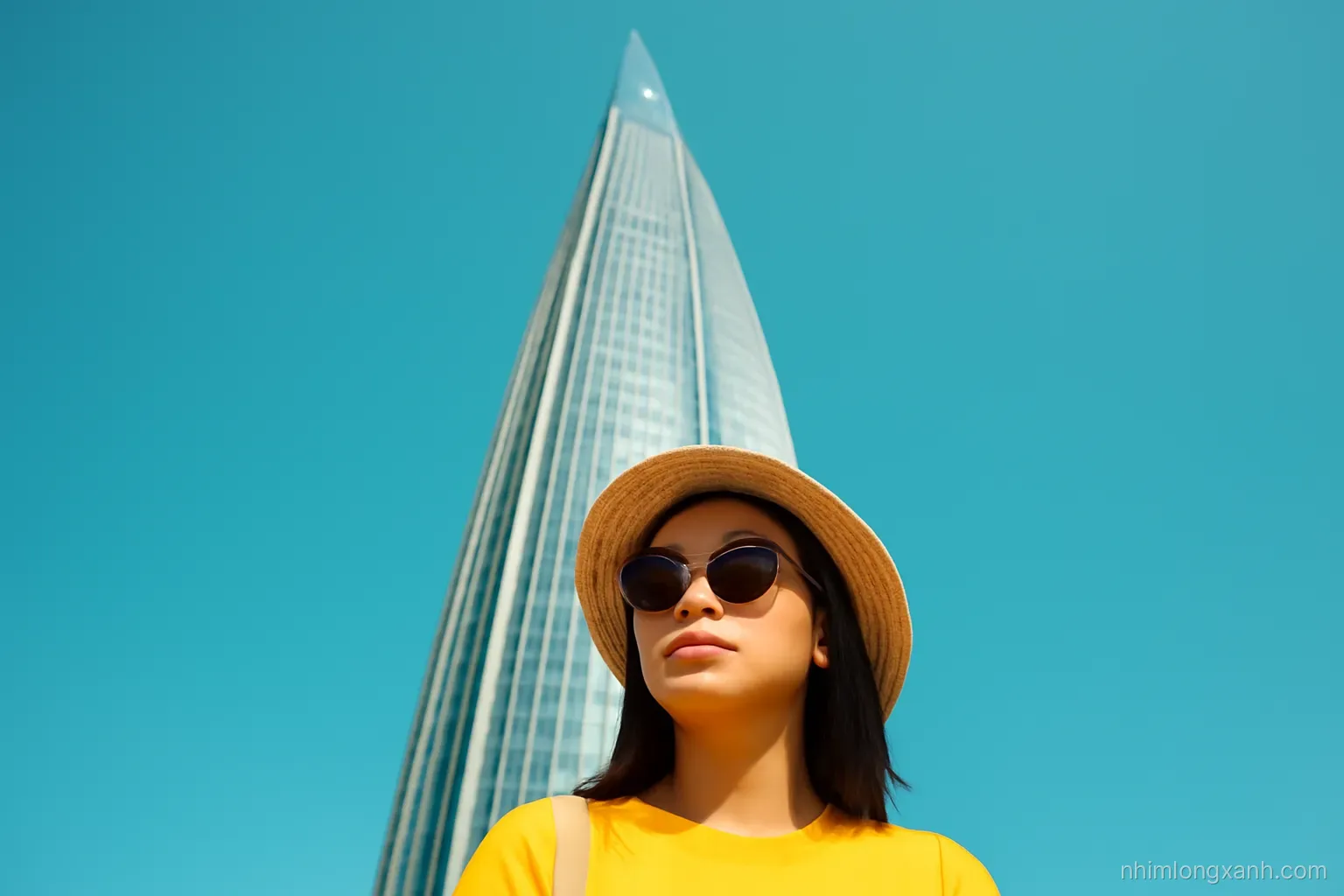 Low angle view looking straight up a gleaming silver supertall skyscraper piercing a clear turquoise sky, a Vietnamese tourist in sunglasses at the bottom edge of frame, bright midday light