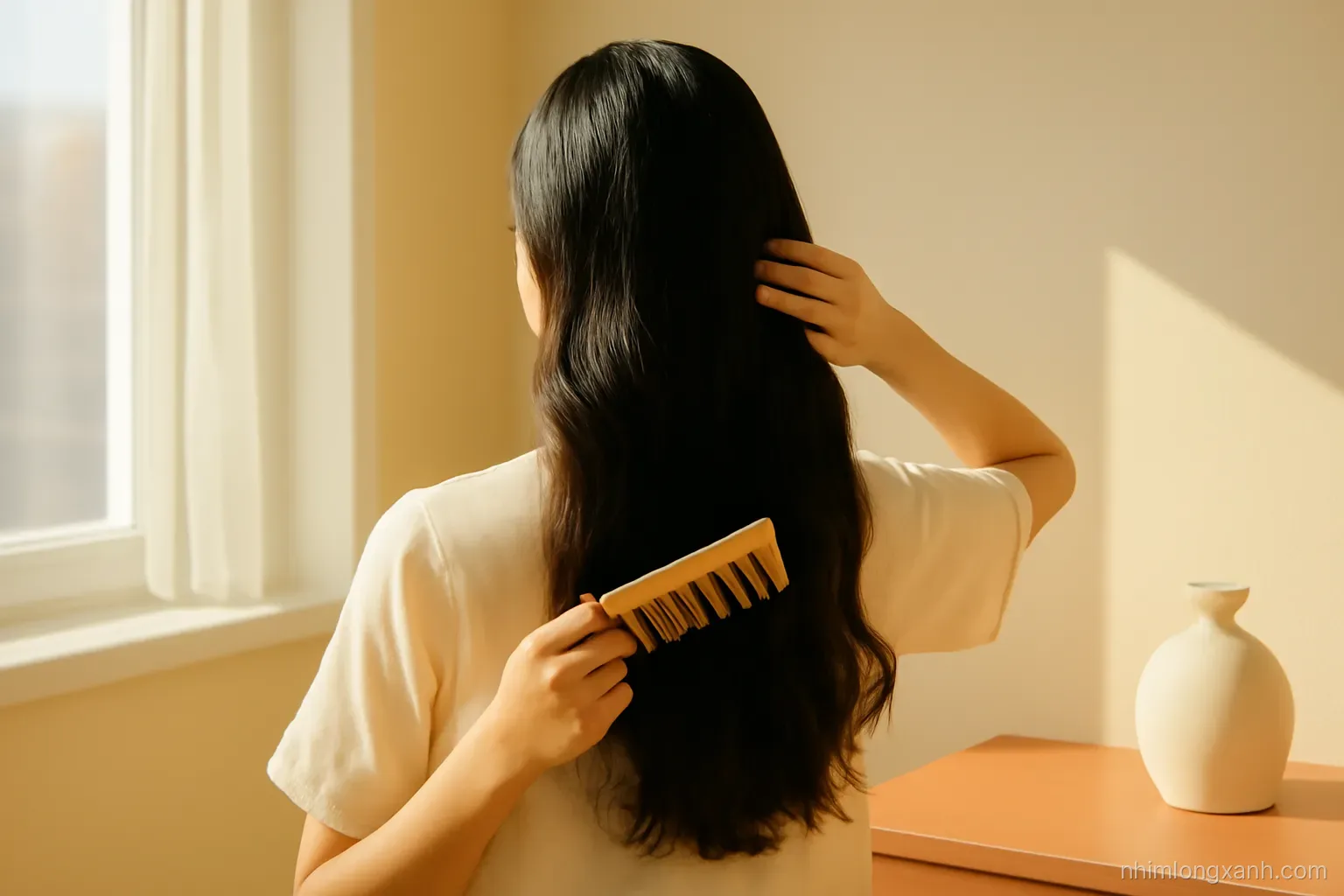 Back view of a Vietnamese woman with long wavy hair combing the ends with a wide-tooth wooden comb beside a sunlit window, warm honey light, cream and terracotta palette