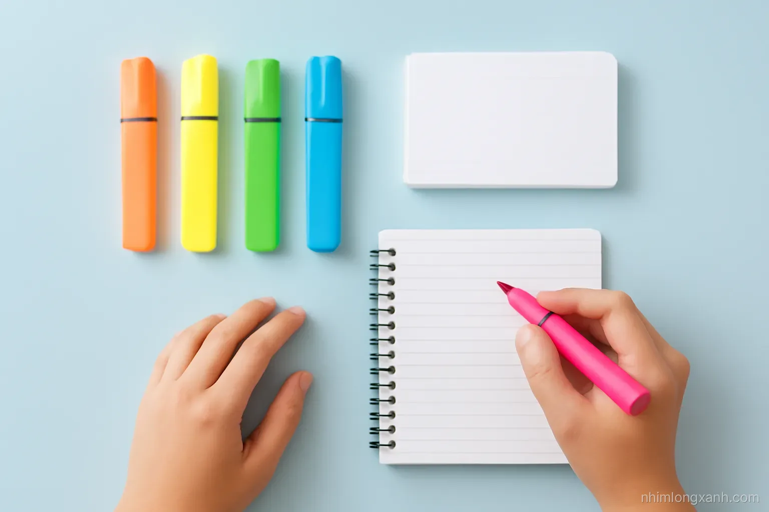 Macro shot of colorful highlighters, index cards and an open spiral notebook arranged in a grid on a pale blue desk, Vietnamese student hands visible, crisp daylight