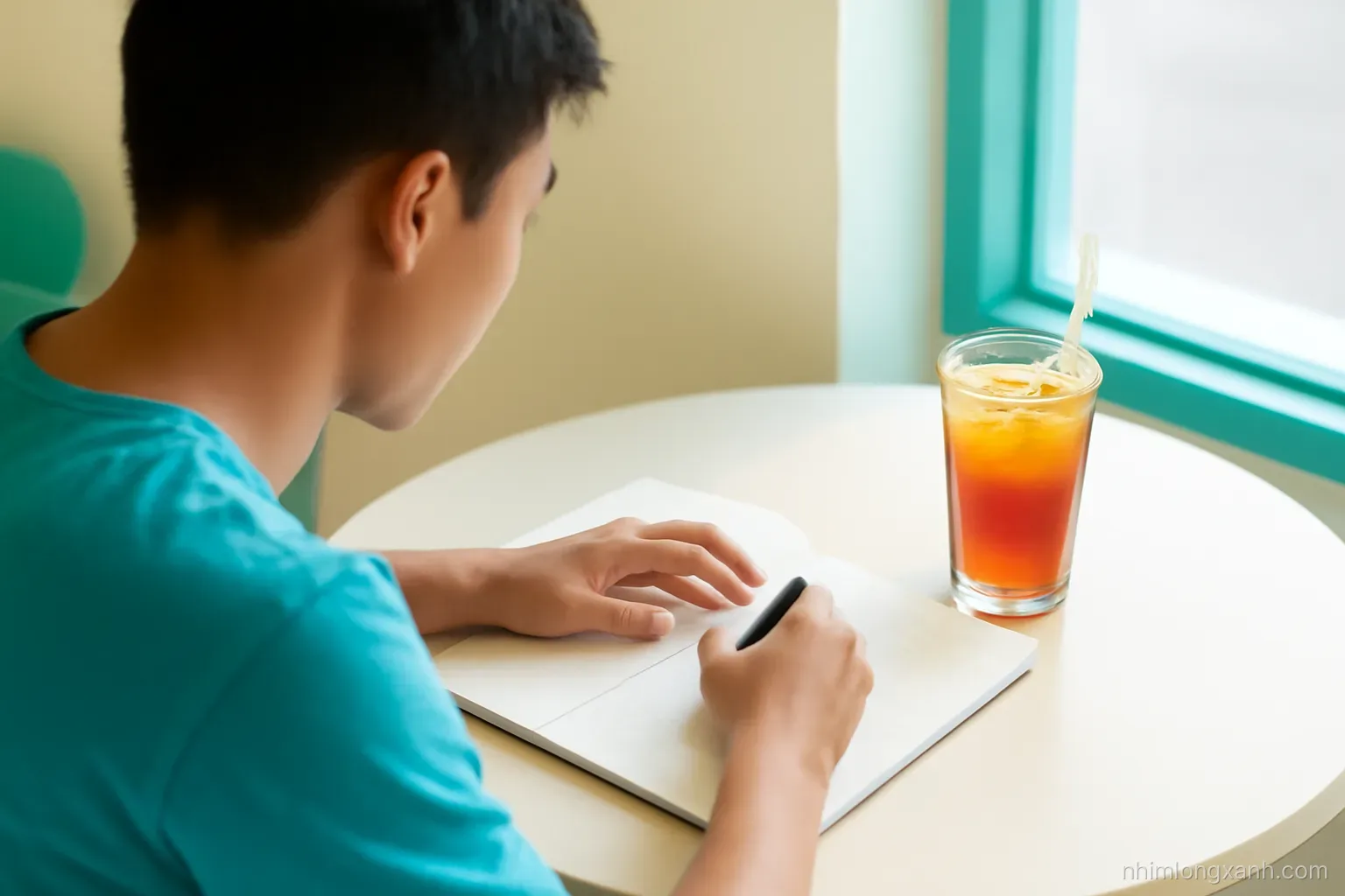 Over-the-shoulder view of a Vietnamese young man writing in a blank lined notebook at a cafe table, iced tea beside him, afternoon light, teal and beige