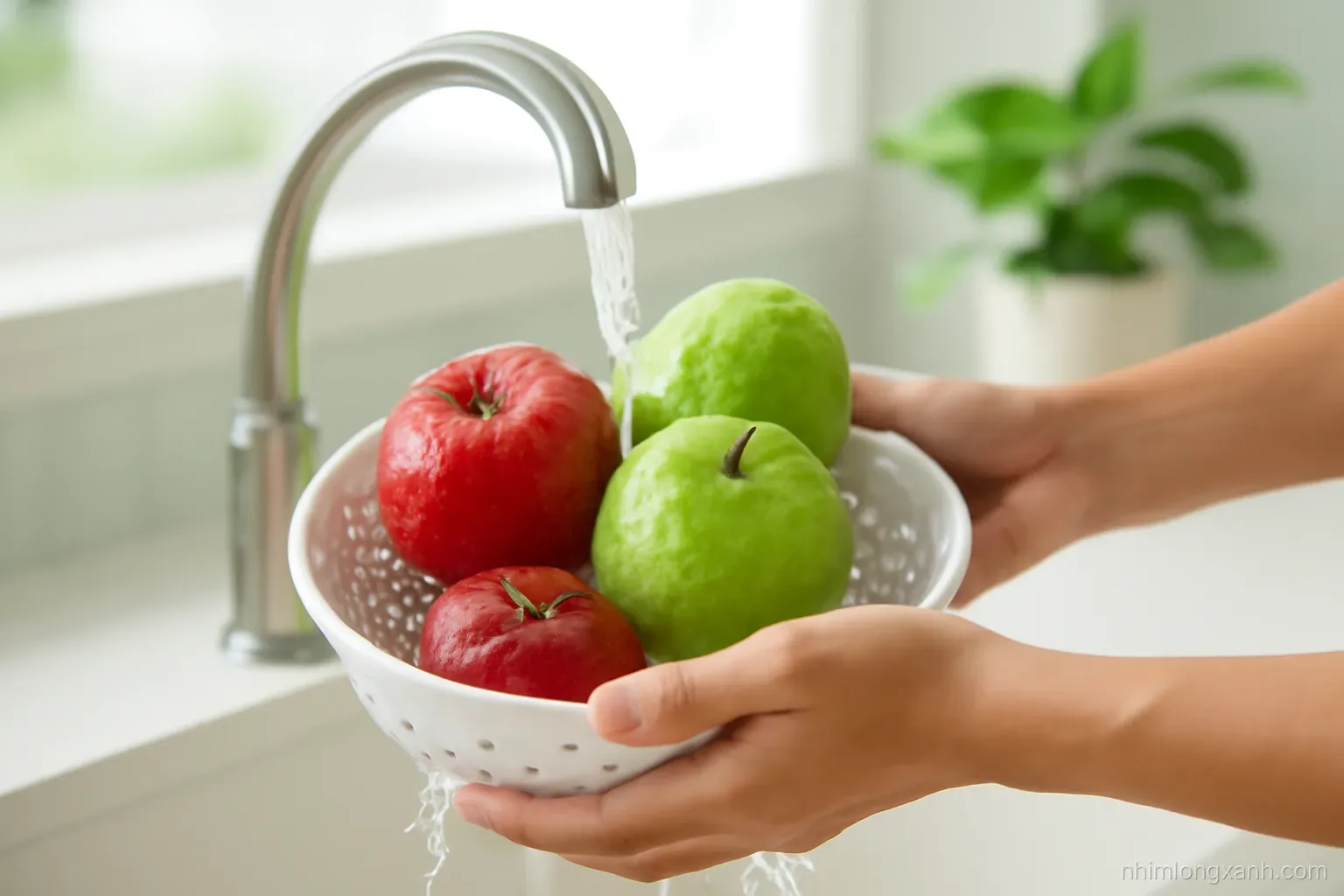 Close-up of Vietnamese hands rinsing red apples and green guavas under a running kitchen faucet into a white colander, water droplets sparkling, bright clean daylight, fresh green palette