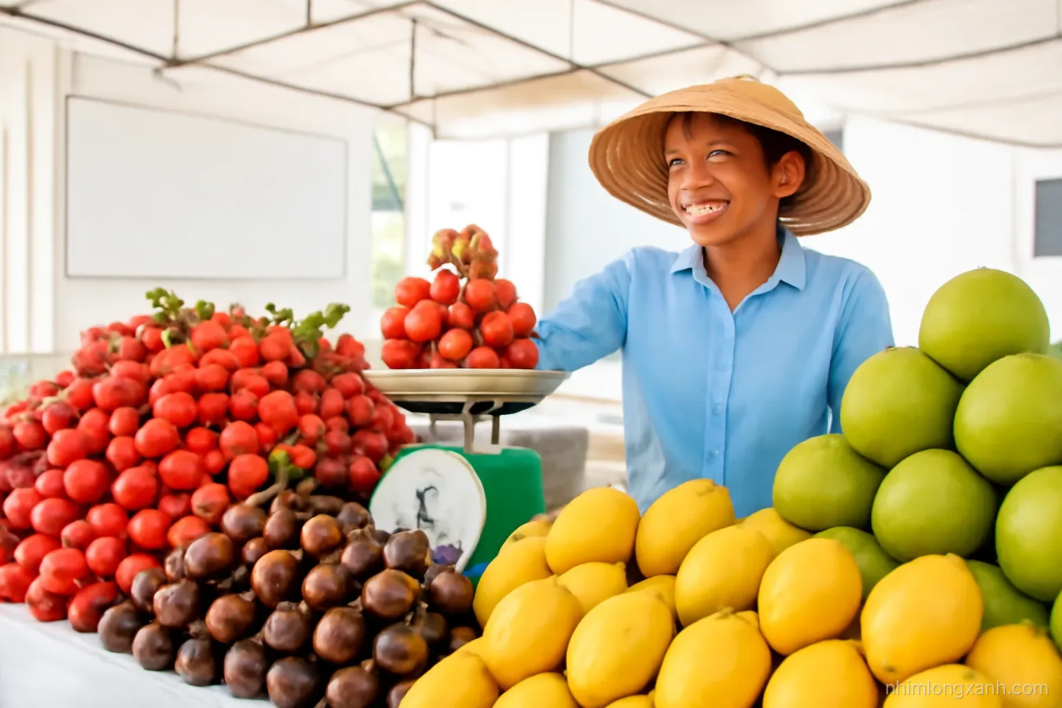Wide shot of a bright open-air Vietnamese market stall piled with lychees, mangosteens, mangoes and pomelos, a smiling vendor in a conical hat weighing fruit, vivid midday colors