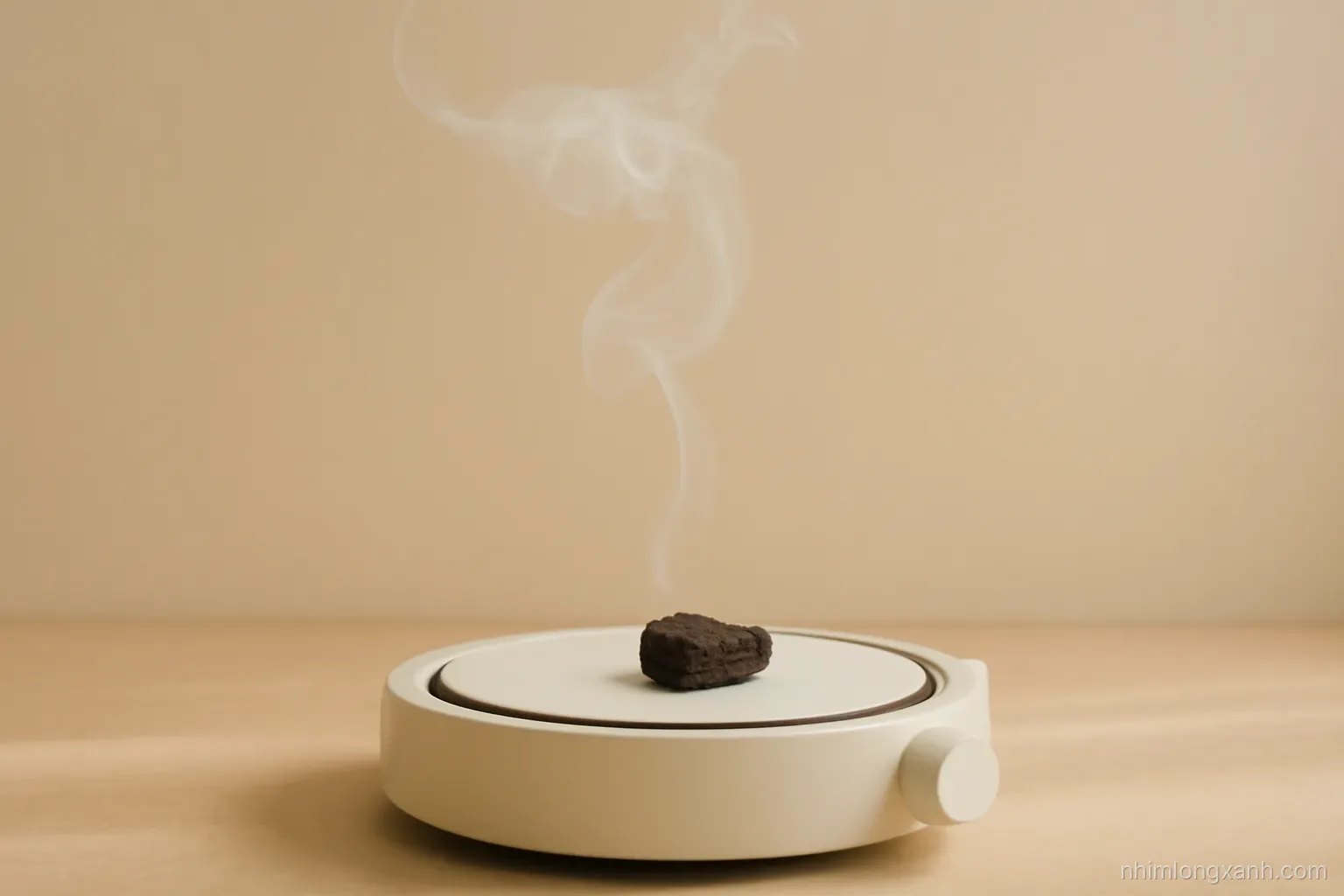 Side view of thin white smoke curling from a small dark agarwood chip on an electric heater plate, plain beige wall behind, soft natural light, muted earthy palette