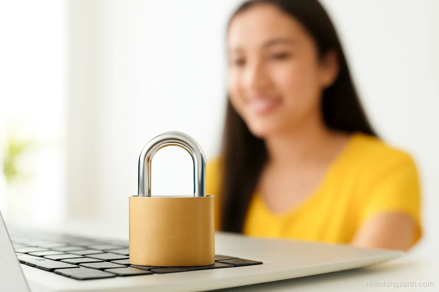 Macro close-up of a small brass padlock resting on a laptop keyboard, shallow depth of field, a Vietnamese woman blurred in background, bright lemon and white palette