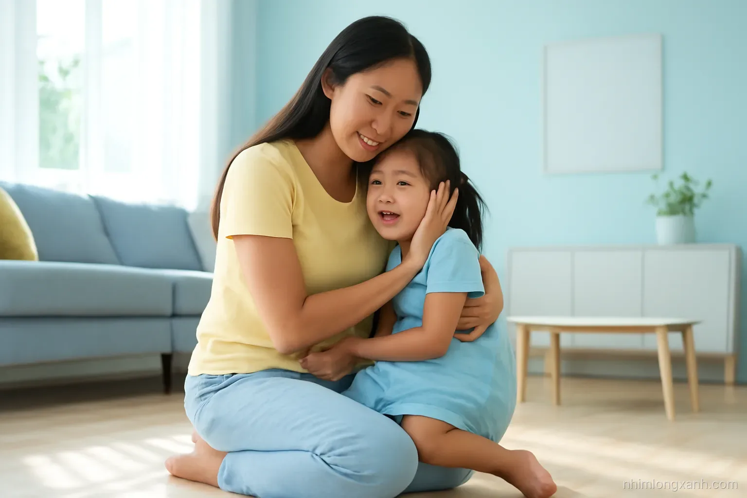 Low-angle shot of a Vietnamese mother kneeling on a sunny living room floor, calmly hugging her crying three-year-old daughter, soft pastel blue and yellow tones