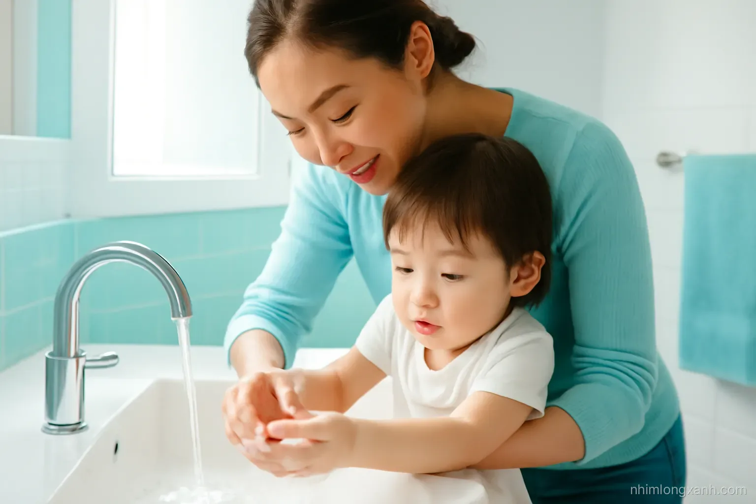 Close-up from above of a Vietnamese mother helping her toddler wash small soapy hands at a low bathroom sink, bubbles and water droplets, bright clean morning light, aqua and white palette