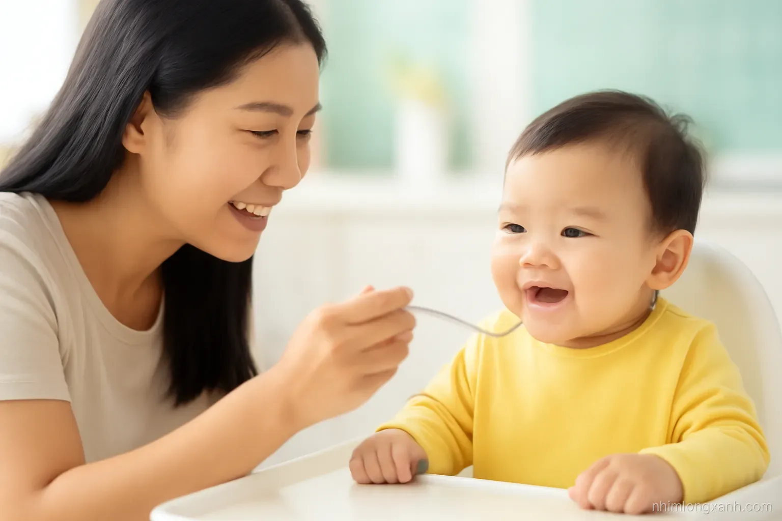 Soft close-up of a Vietnamese mother spoon-feeding pale rice porridge to a smiling baby in a high chair, honey jar pushed far back out of focus, airy pastel kitchen light