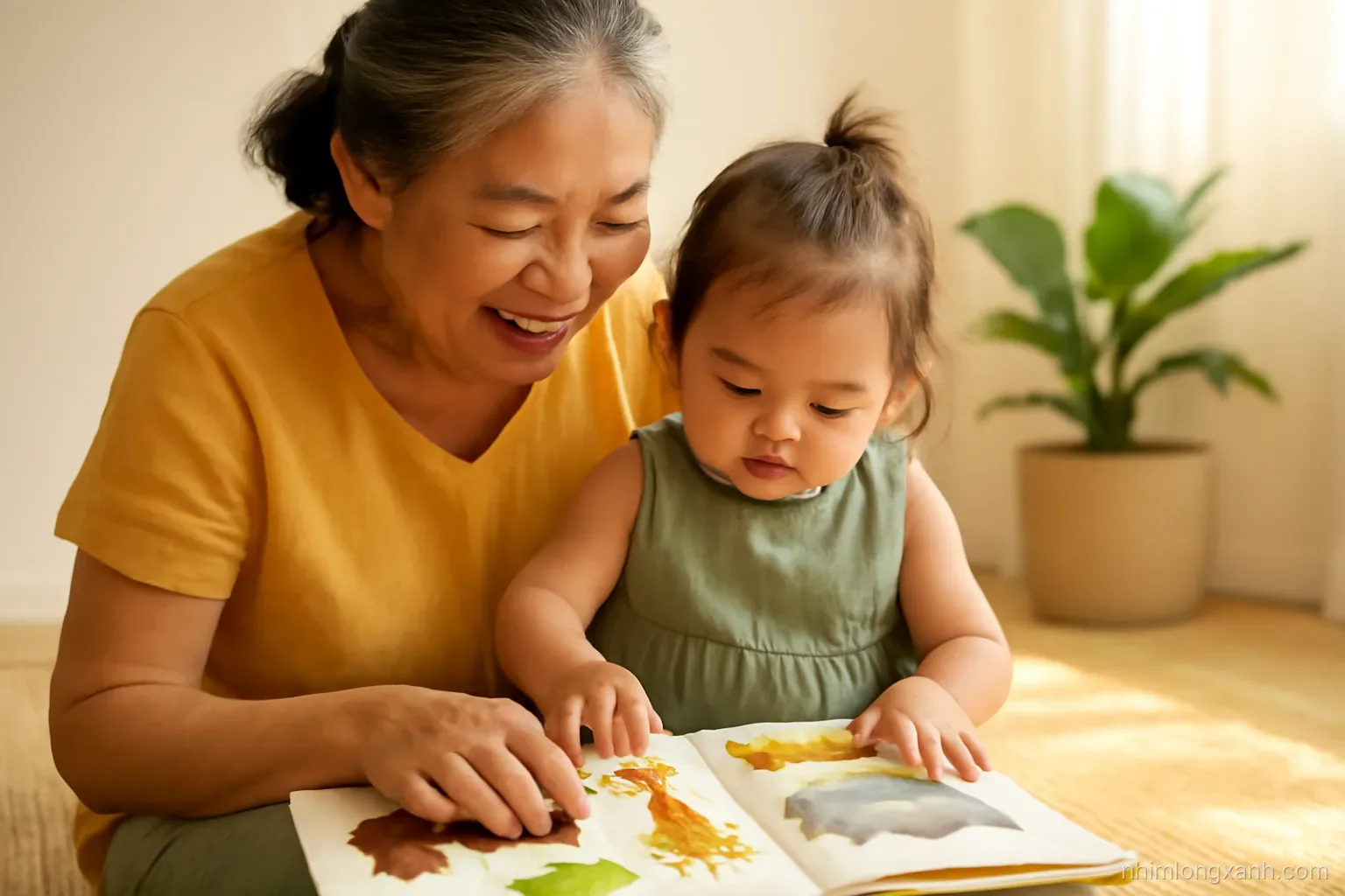 Close-up of a Vietnamese grandmother and a two-year-old girl looking at a wordless picture book of animals together on a woven mat, warm sunlight, honey and leaf green