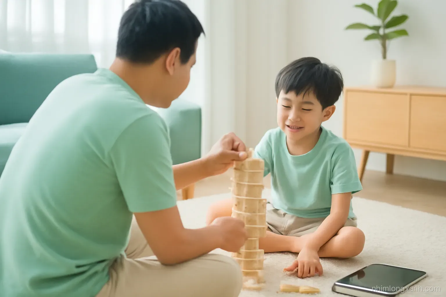 Over-the-shoulder view of a Vietnamese father and son building a wooden block tower on a rug, a tablet lying face down nearby, airy afternoon light, mint and wood tones