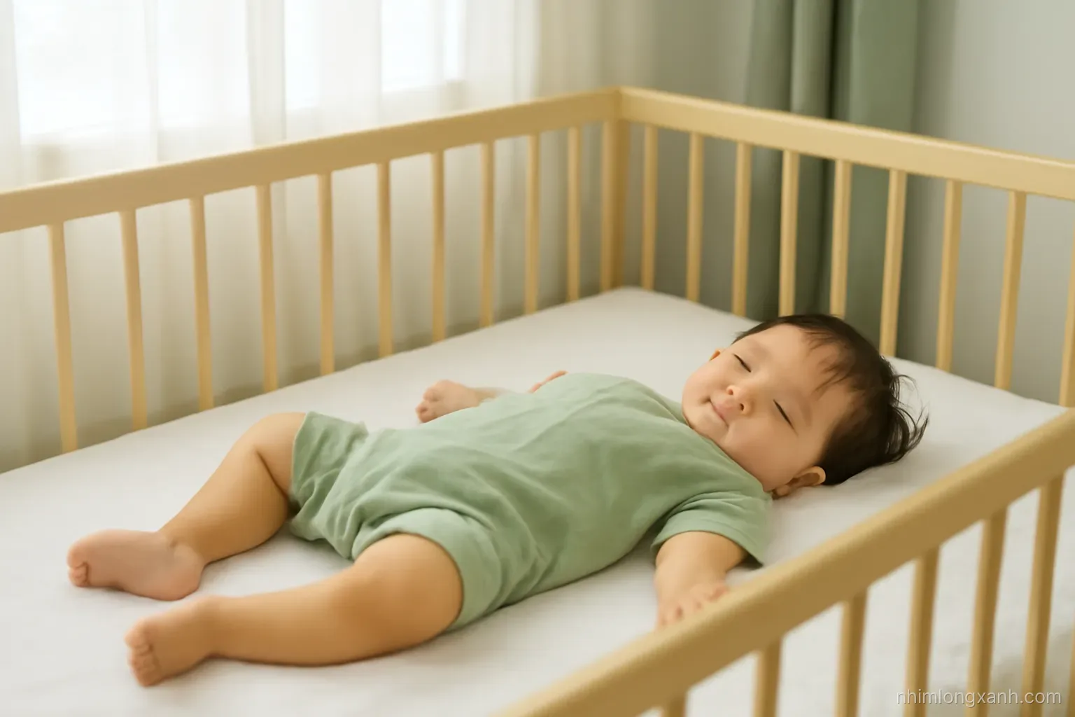 Wide shot of a calm Vietnamese toddler asleep on her back in a pale wooden crib, soft dusk light through linen curtains, sage green and cream palette