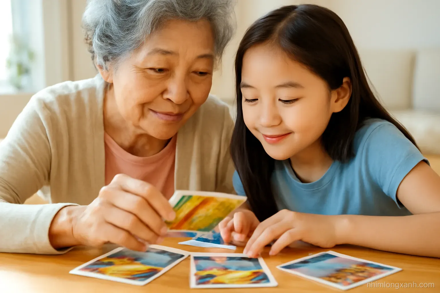 Close-up macro of a Vietnamese grandmother and granddaughter sorting colorful old photographs on a sunny wooden table, warm amber light, hands in focus, cozy home